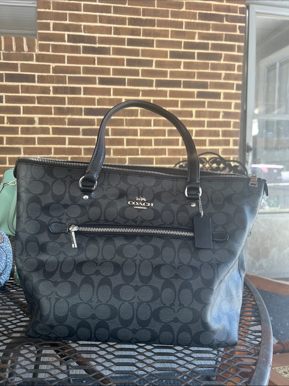 Coach Black Signature Monogram Tote with Silver Hardware